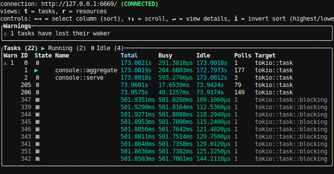 Screenshot of the tokio console, described below.