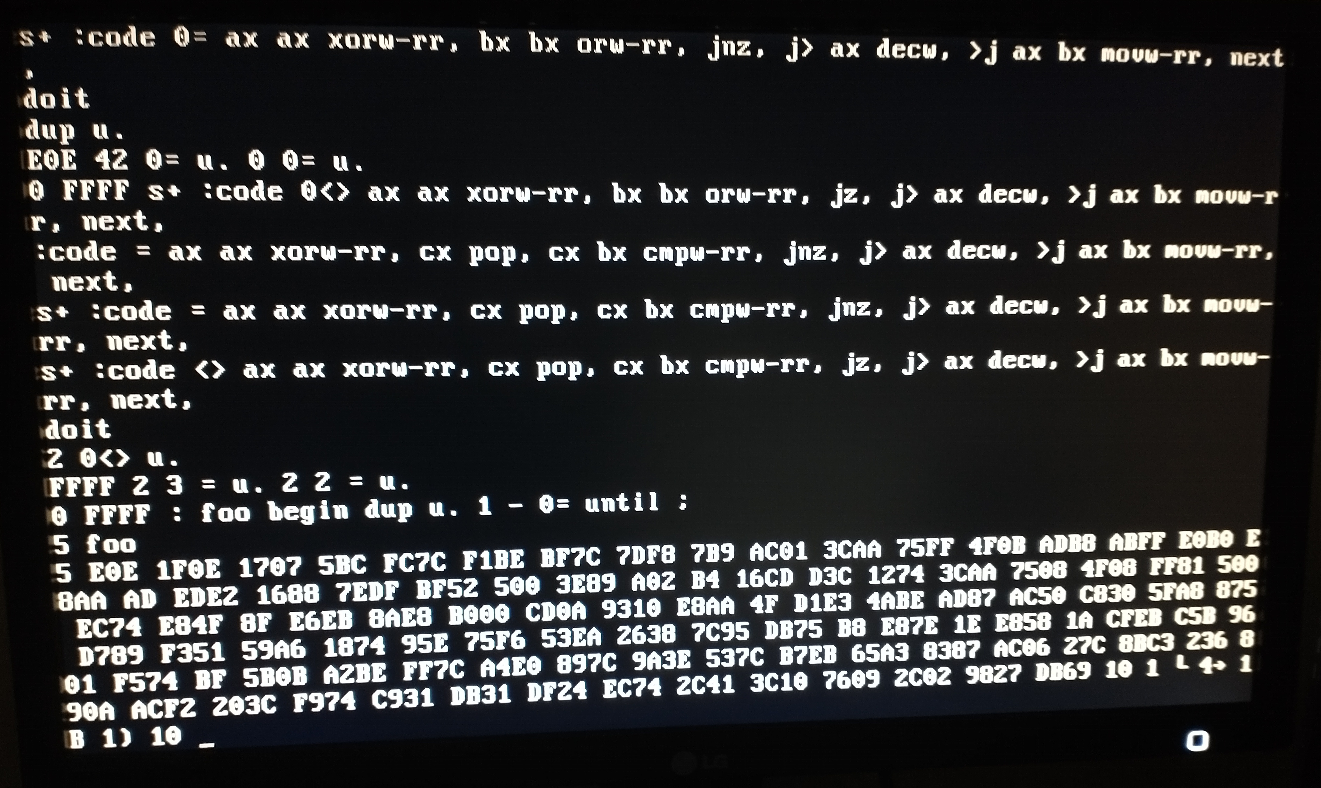 After executing 5 foo, about 6 lines of output appeared before hanging. The output starts: 5 E0E 1F0E 1707 5BC, and so on, ending with DB69 10 1, lower-left border drawing character, 4, right arrow, 1B 1) 10