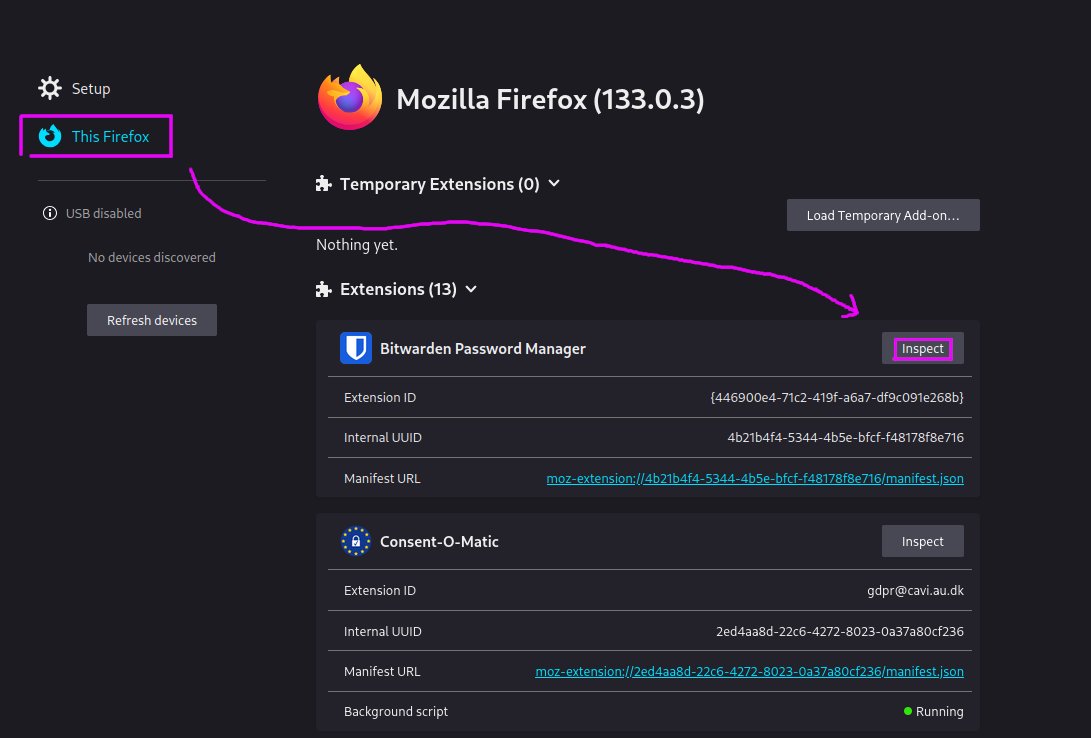 Choose "This Firefox" on the left, then click "Inspect" next to the relevant extension